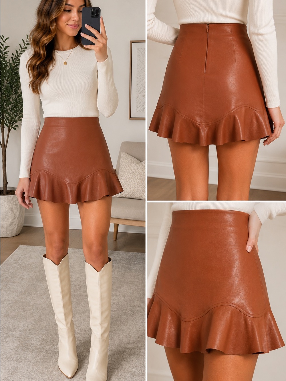 Rebecca Taylor size 4 vegan leather ruffle mini skirt western romantic coquette